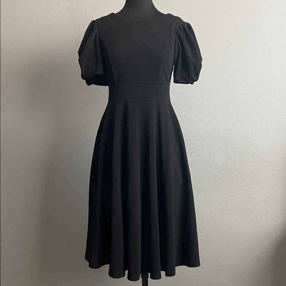 Ivy City Co Classic Black Midi Dress with Puff Sleeves and Pockets